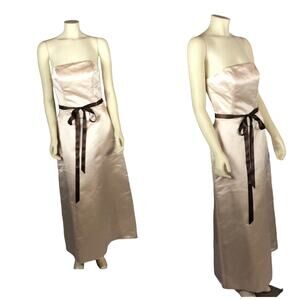 NWT Bill Levkoff Tan Satin Brown Belt Strapless Formal Bridesmaid Dress size 10